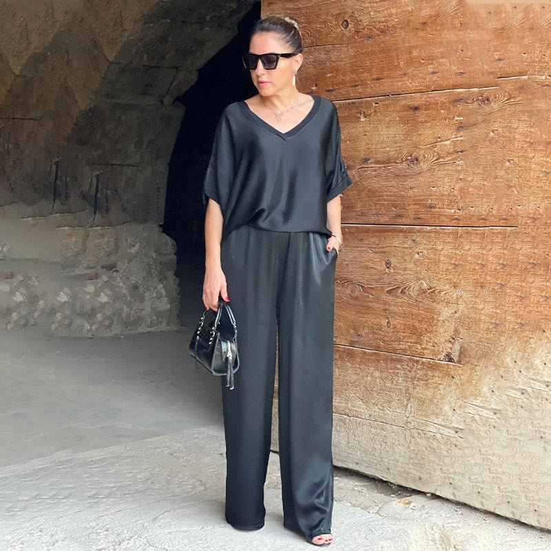 Women's Satin Lounge Set | Wide-Leg Pants & Relaxed V-Neck Top | Two-Piece Silky Outfit