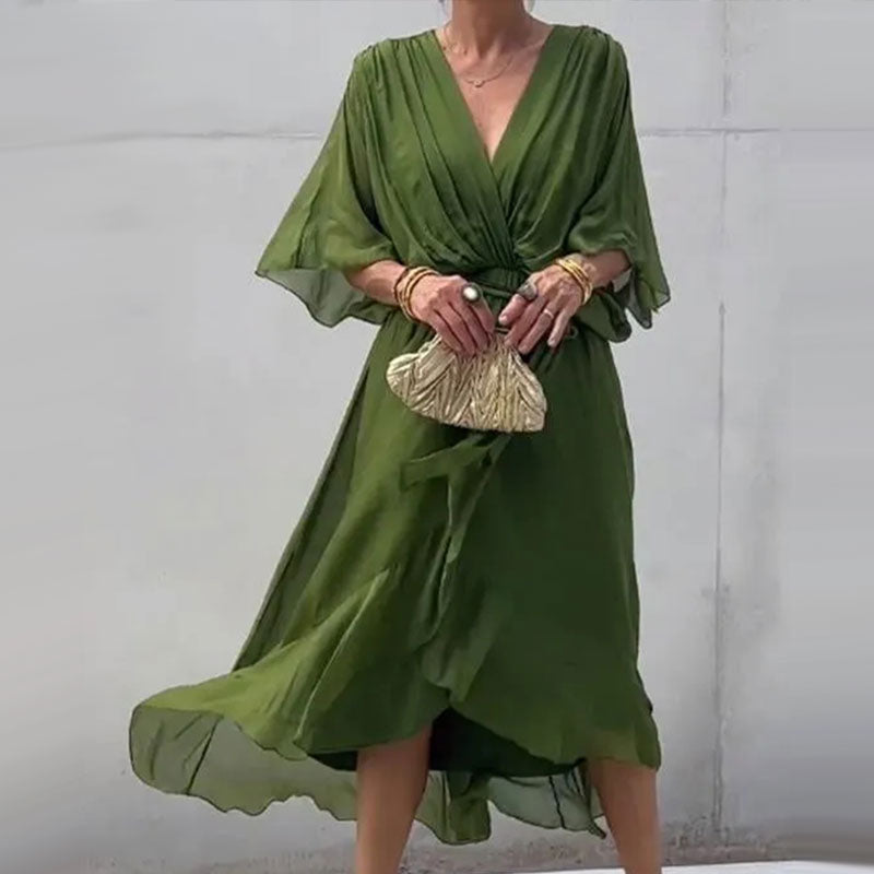 Chiffon Wrap Midi Dress | Deep V-Neck & Tie Waist | Flowy Lightweight Fit