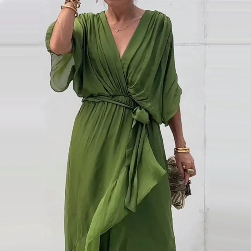 Chiffon Wrap Midi Dress | Deep V-Neck & Tie Waist | Flowy Lightweight Fit