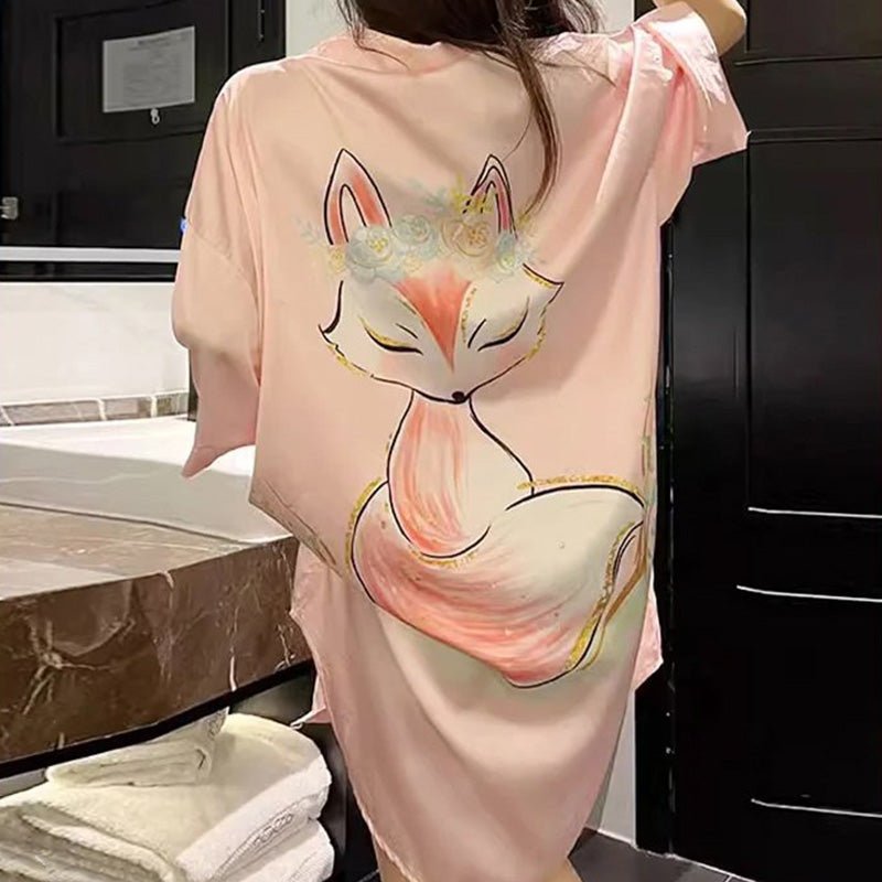 Printed Cat Lounge Shirt Dress | Button Front | Relaxed Fit Loungewear