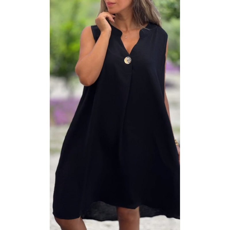 Sleeveless Swing Dress | Button Accent V-Neck with Flowy A-Line Fit