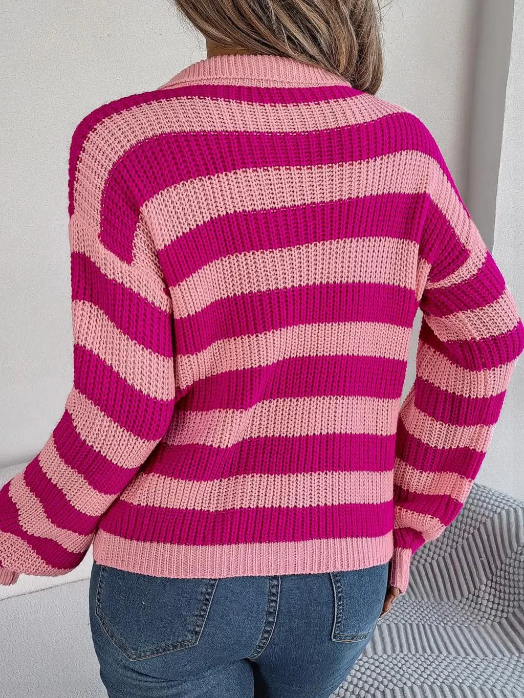 Striped Ribbed Knit Sweater | V-Neckline | Relaxed Fit | Casual Everyday Style