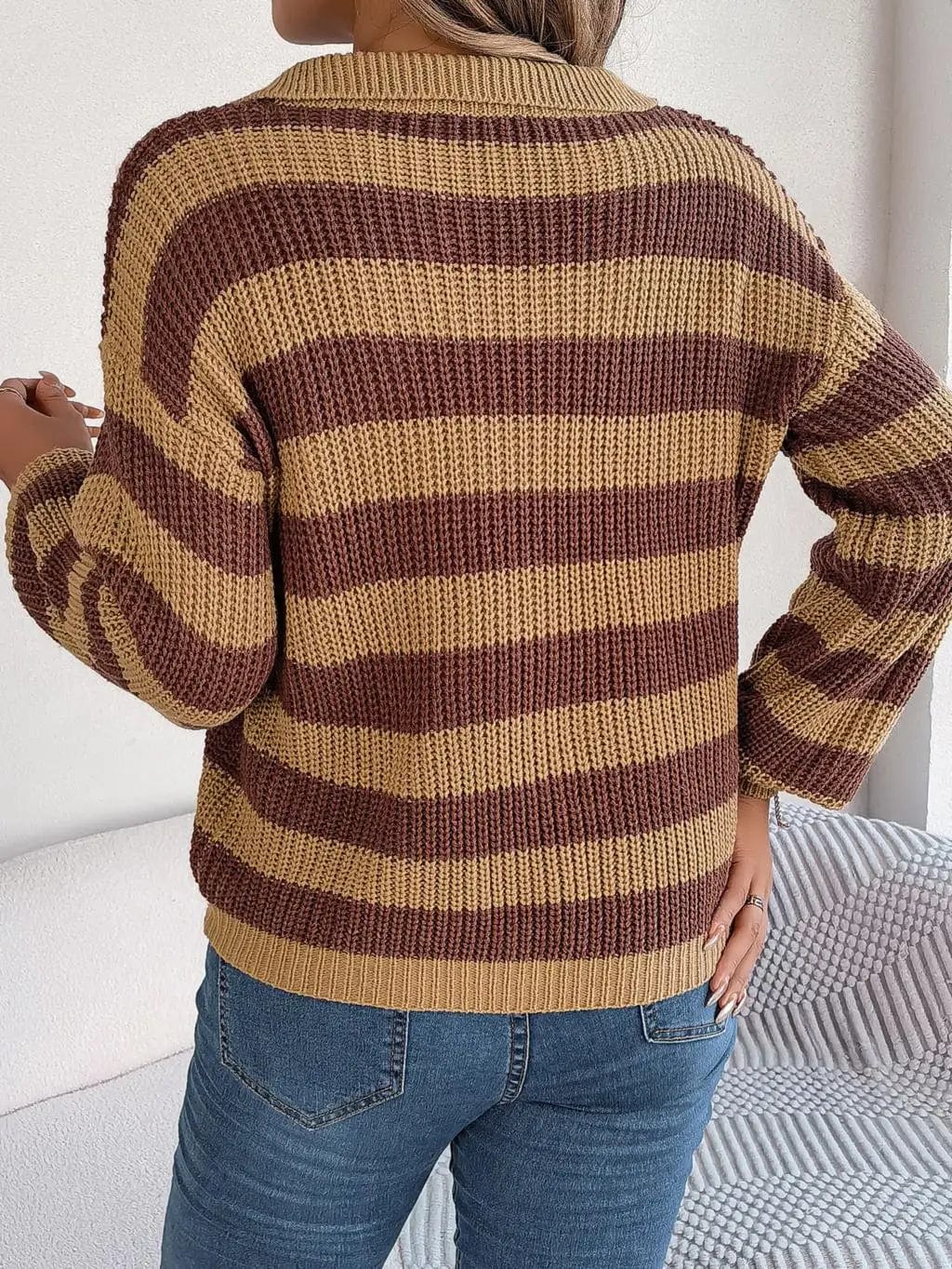 Striped Ribbed Knit Sweater | V-Neckline | Relaxed Fit | Casual Everyday Style