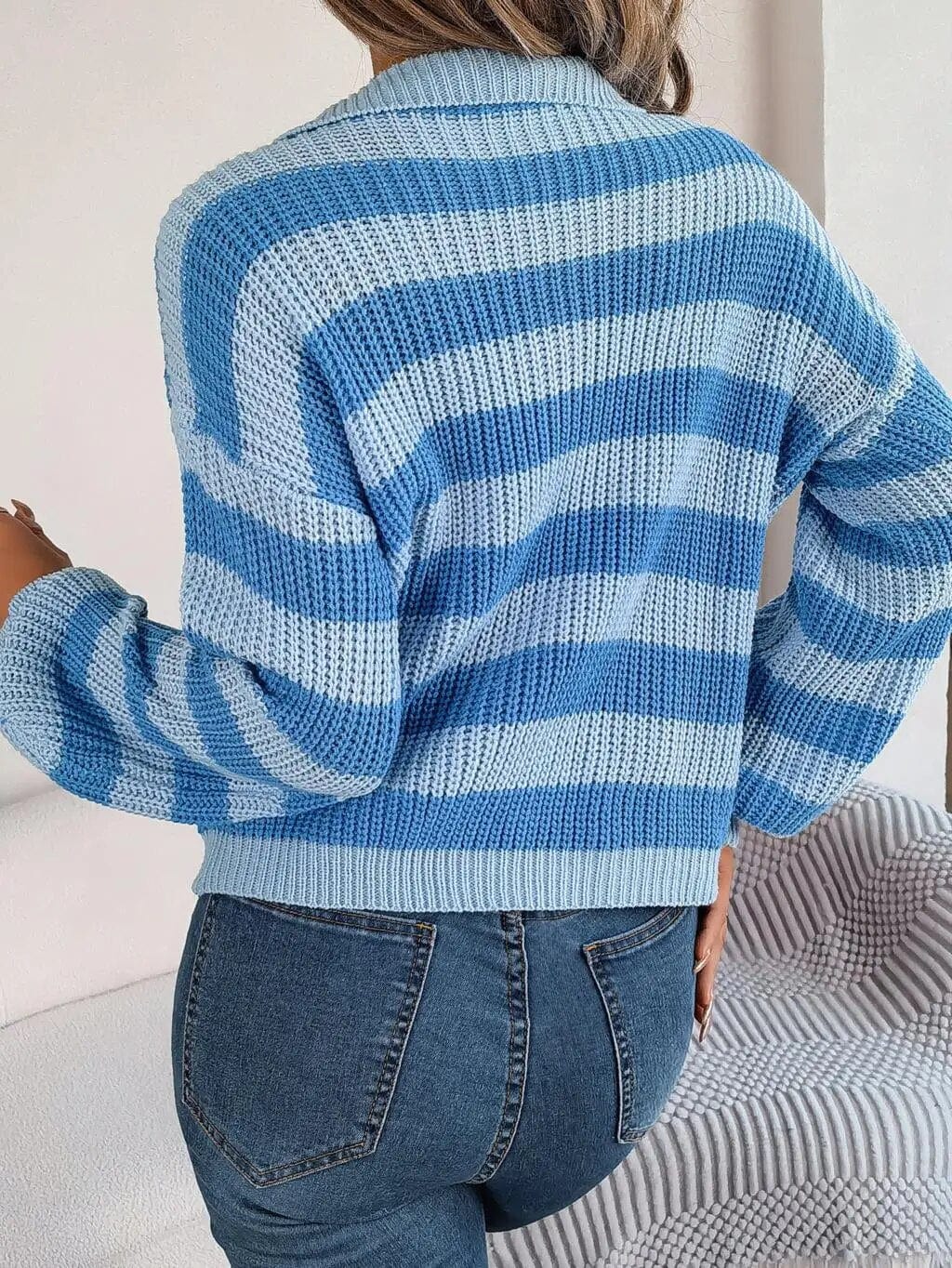 Striped Ribbed Knit Sweater | V-Neckline | Relaxed Fit | Casual Everyday Style
