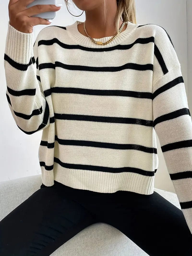 Oversized Striped Knit Sweater | Crew Neck | Lightweight Acrylic Blend | Casual Everyday Look