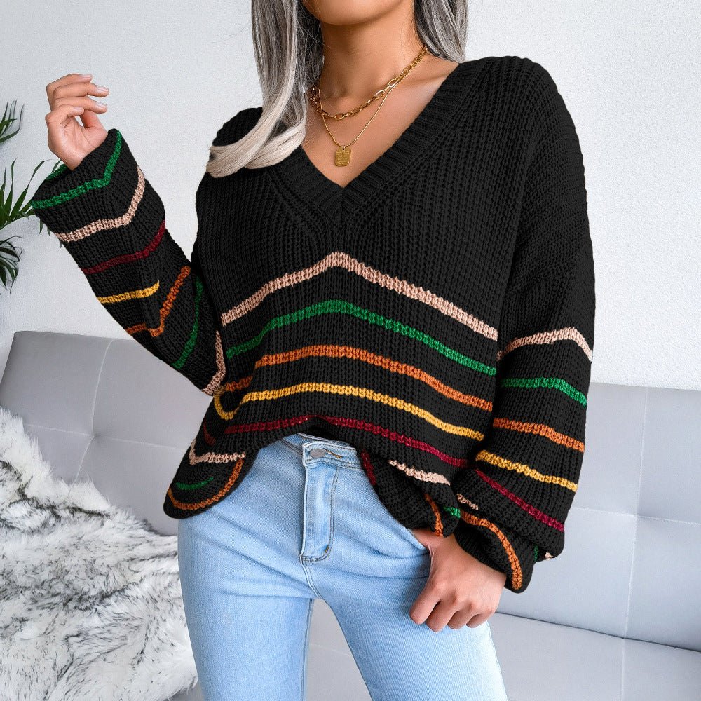 Multicoloured Striped V-Neck Sweater | Oversized Fit | Soft Knit | Casual Boho Style