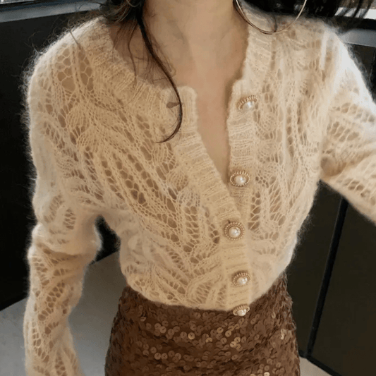 Elegant Fuzzy Knit Cardigan | Pearl Button Detail | Soft & Cozy | Chic Layering