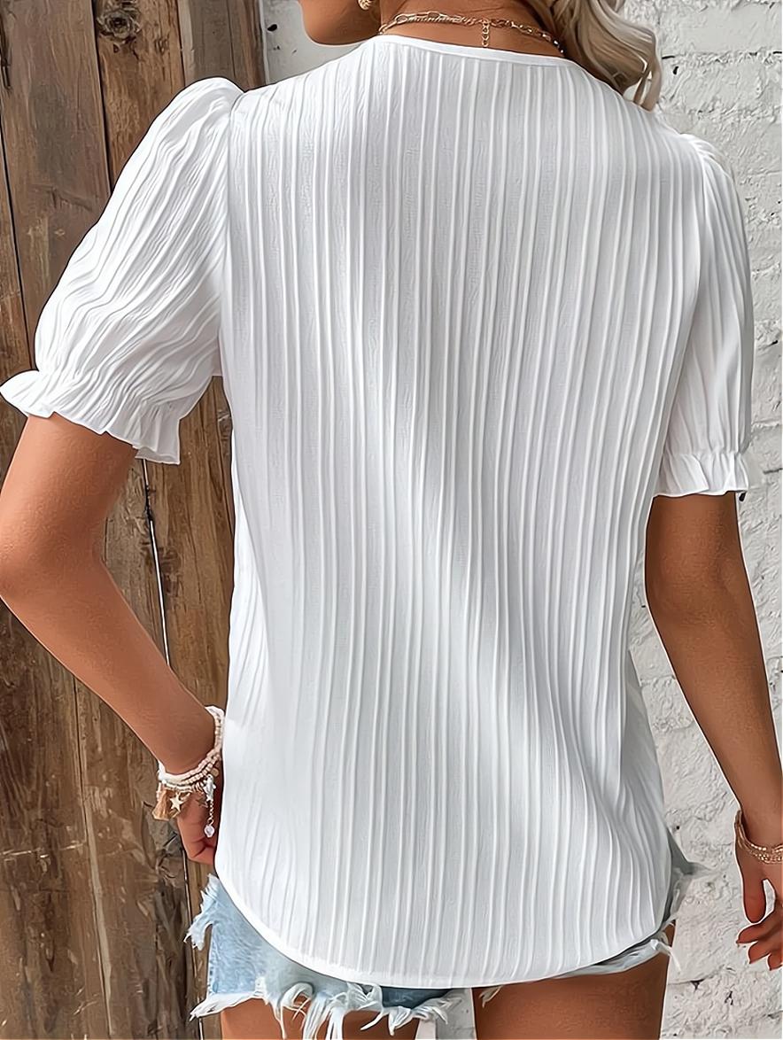 Pleated Button-Front Blouse | Lace Trim V-Neck | Short Puff Sleeve Top