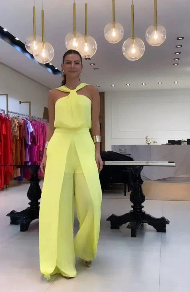 Halter-Neck Wide-Leg Jumpsuit | Tailored Waist & Pleated Pant | Elegant Occasionwear