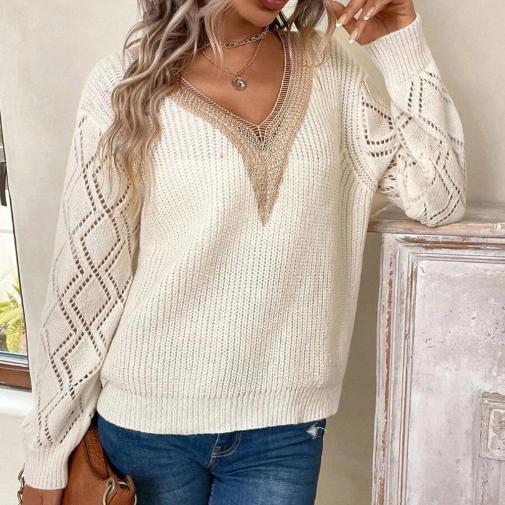 V-Neck Pointelle Knit Sweater | Elegant Lace Detail | Soft Acrylic Blend | Casual Feminine Style