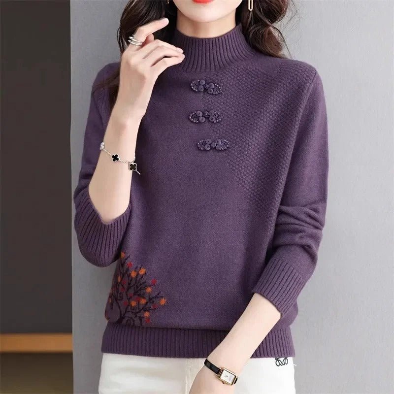 Embroidered High-Neck Sweater | Elegant Button Detail | Soft Knit Fabric | Sophisticated Style