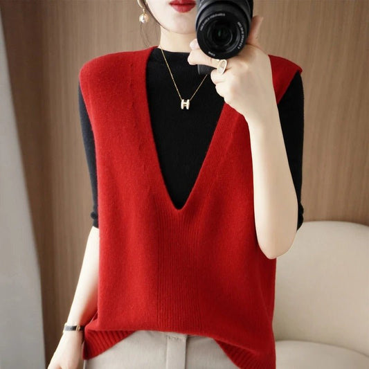 Deep V-Neck Knit Vest | Sleeveless Layering Piece | Relaxed Fit | Chic Minimalist Style