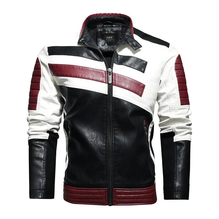 Men's Racer-Style Faux Leather Jacket | Striped Detail | Moto-Inspired Design