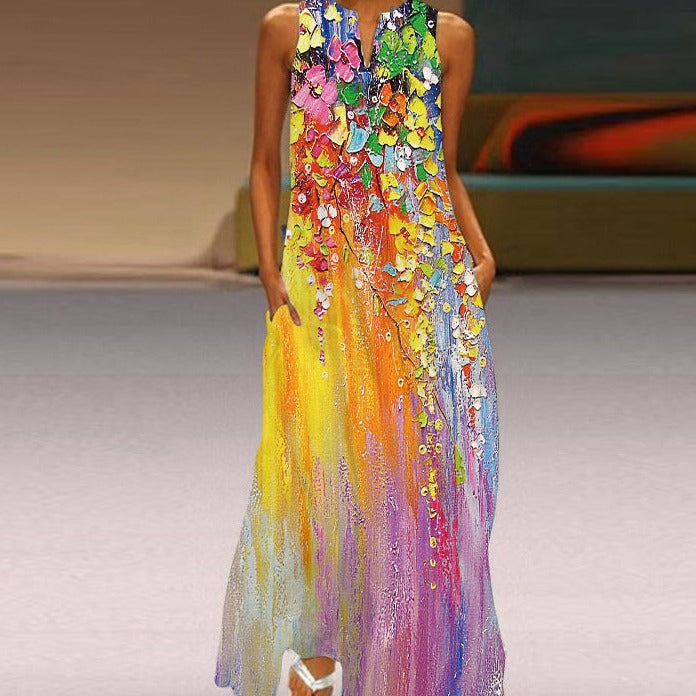 Sleeveless Floral Maxi Dress | Lightweight Fit & Flare | Pockets Included