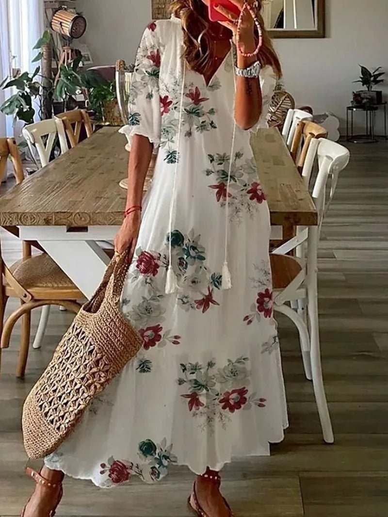 Boho Floral Maxi Dress | Tassel Tie Neck | Lightweight Flowy Fit