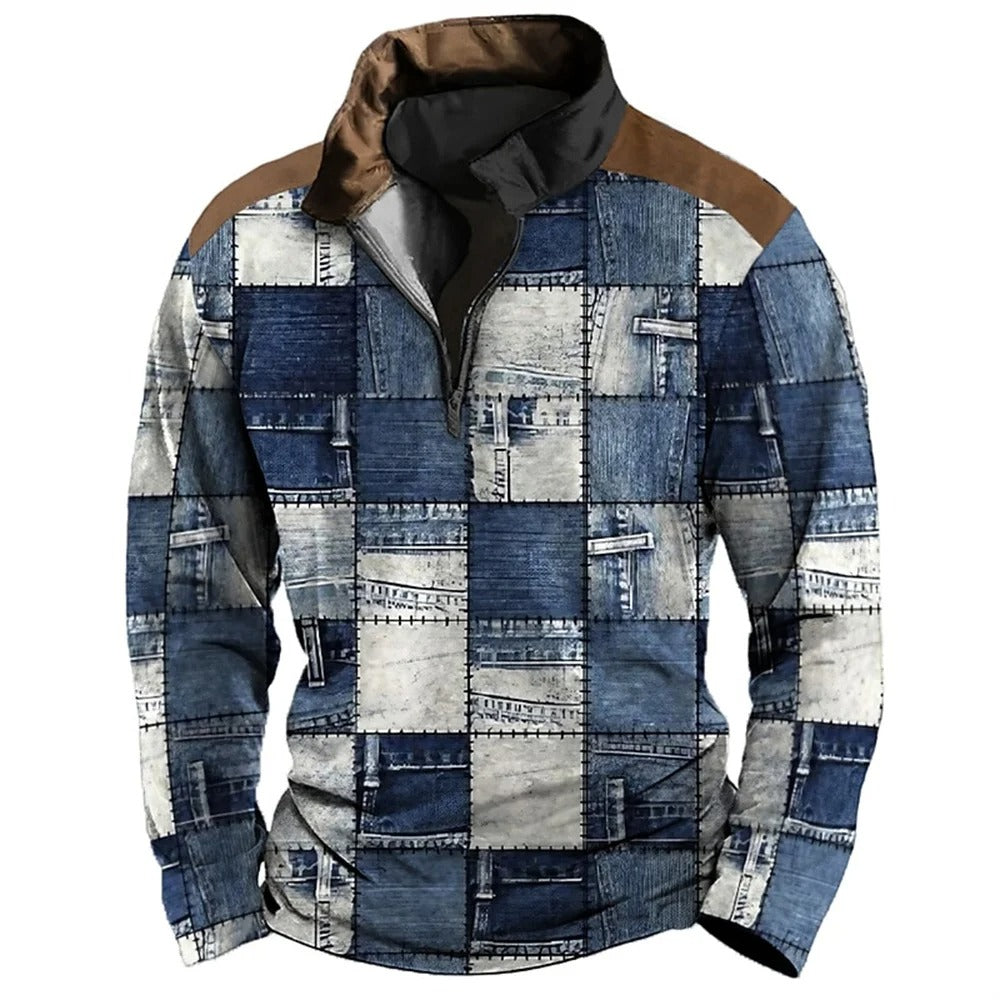 Men’s Patchwork Fleece Pullover | Quarter-Zip Stand Collar | Vintage-Inspired Warm Layer