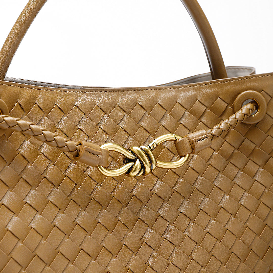 Woven Leather-Look Tote Bag | Gold Knot Detail | Structured Everyday Handbag