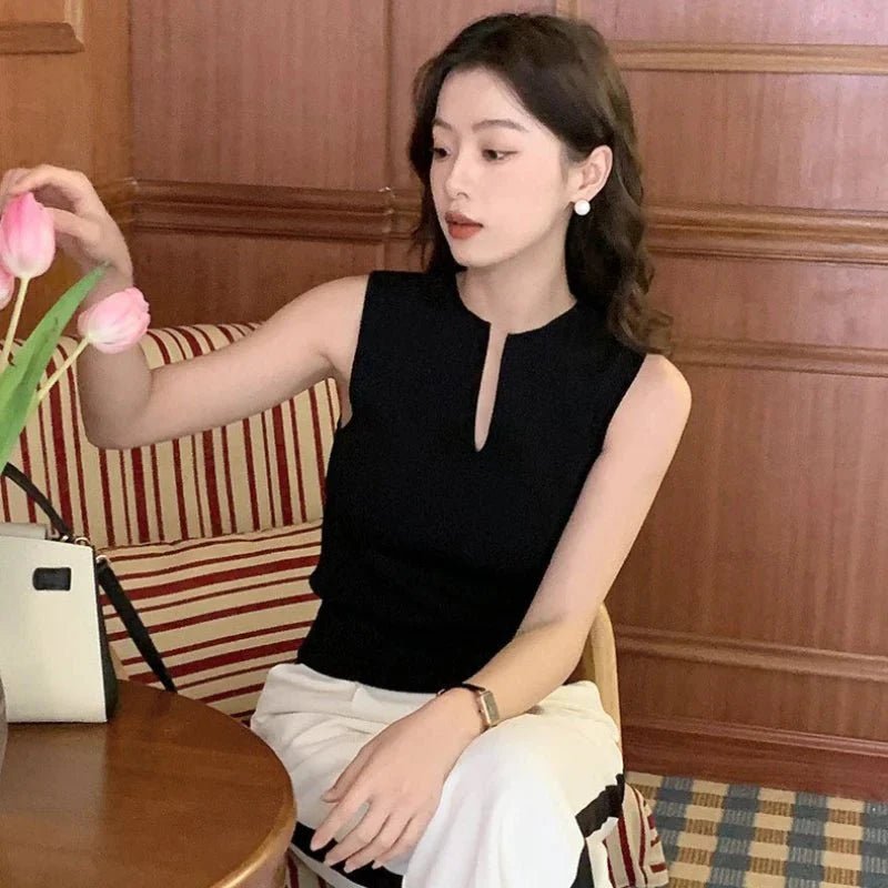 Sleeveless Split-Neck Knit Top | Slim Fit | Soft Stretch Fabric | Versatile Minimalist Style