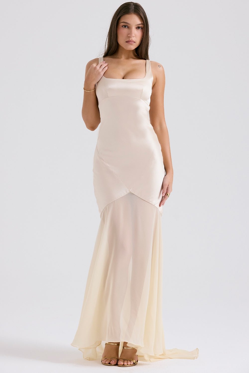 Sheer Hem Satin Evening Gown | Elegant Sleeveless Design | Formal Occasion Dress