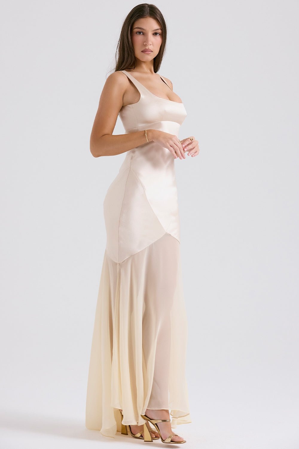 Sheer Hem Satin Evening Gown | Elegant Sleeveless Design | Formal Occasion Dress
