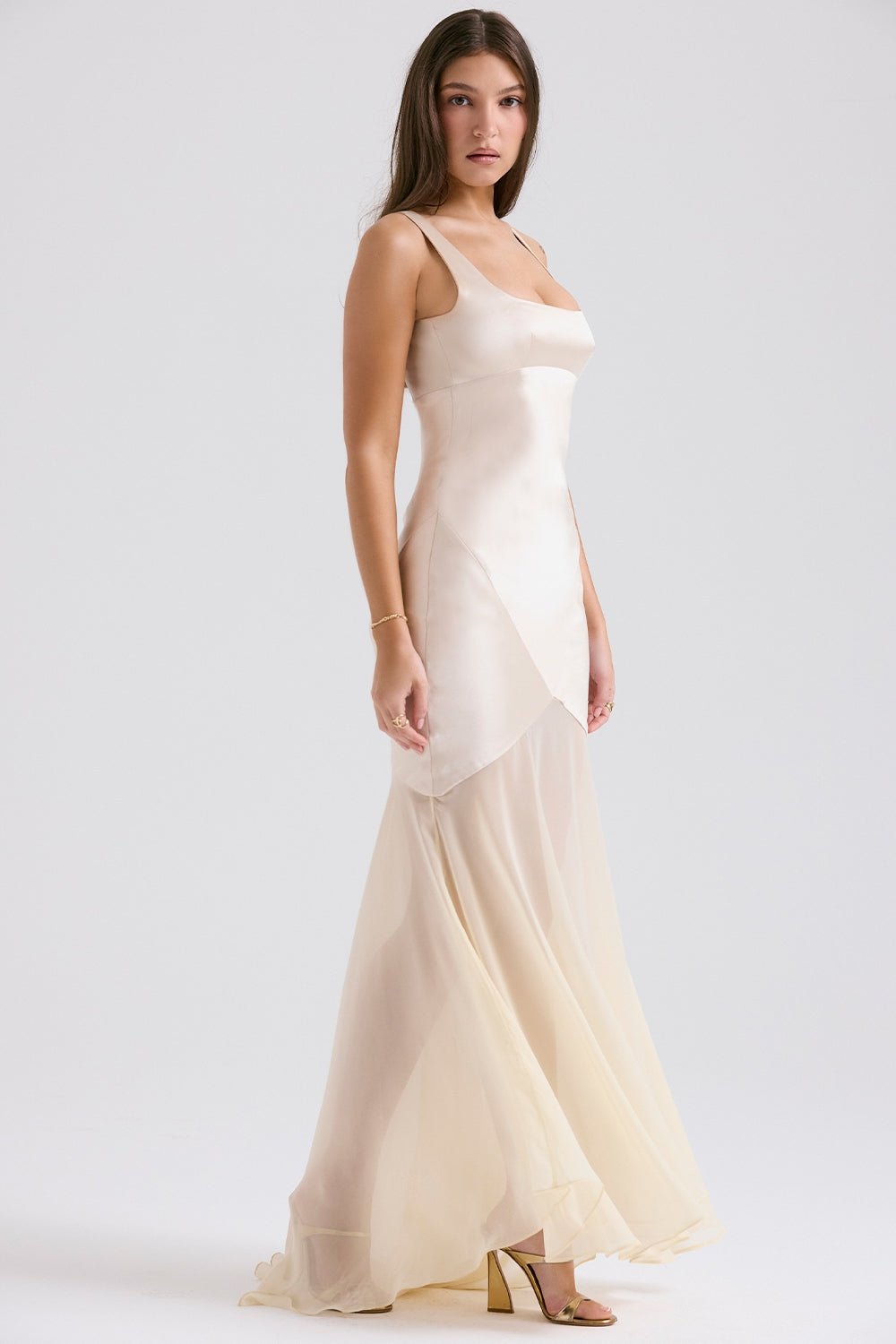 Sheer Hem Satin Evening Gown | Elegant Sleeveless Design | Formal Occasion Dress