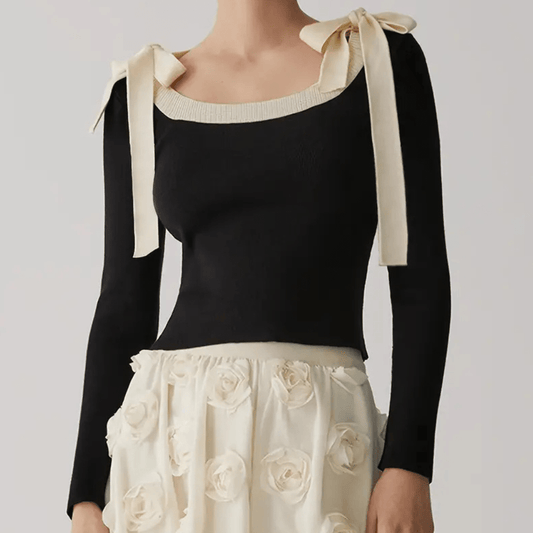 Elegant Bow-Shoulder Knit Top | Chic Contrast Trim | Soft Stretch Fabric | Feminine Style