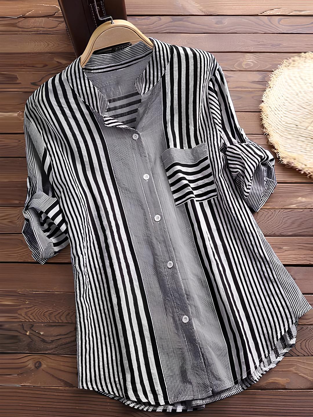 Striped Button-Up Blouse | Mixed Stripe Pattern | Lightweight Everyday Shirt