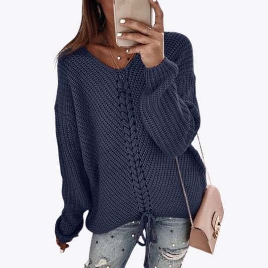 Chunky Cable-Knit Sweater | V-Neck Design | Soft Acrylic Blend | Cozy Winter Style