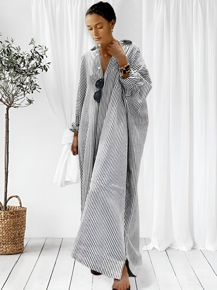 Relaxed Kaftan Maxi Dress | Striped Pattern | Loose Fit with Side Slit