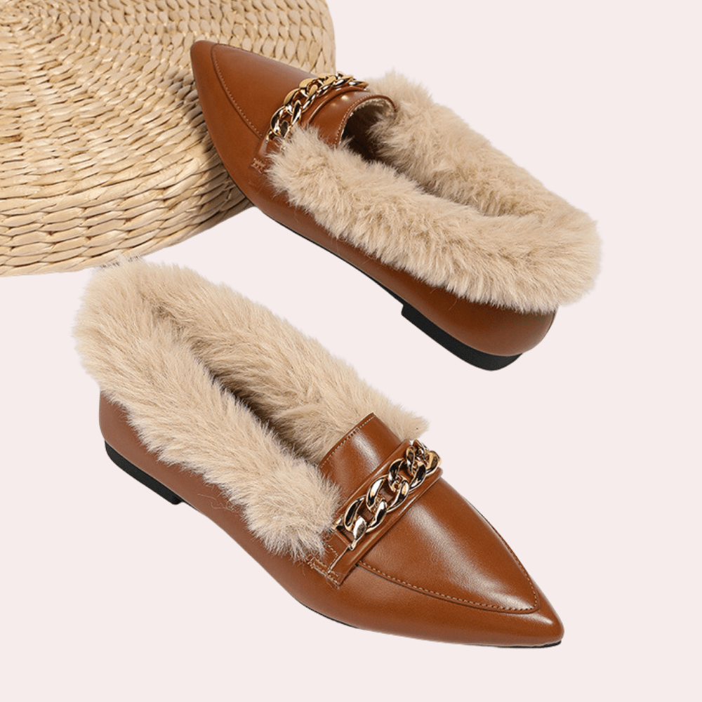 Faux Fur Lined Loafers | Pointed Toe & Chain Detail | PU Leather | Chic & Cozy