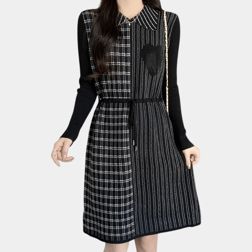 Plaid and Stripe Knit Dress | Collared Long-Sleeve Design | Elegant Casual Style
