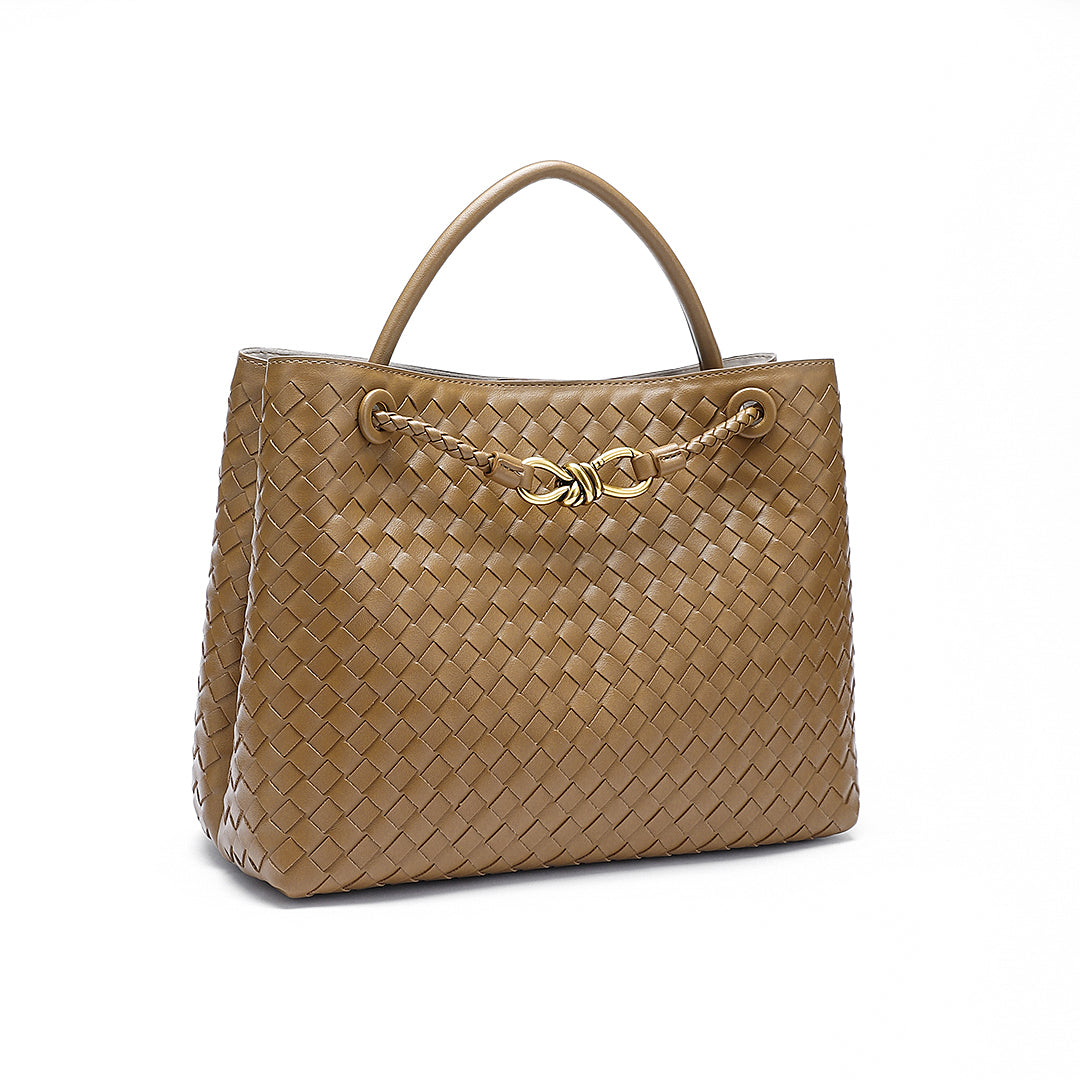 Woven Leather-Look Tote Bag | Gold Knot Detail | Structured Everyday Handbag