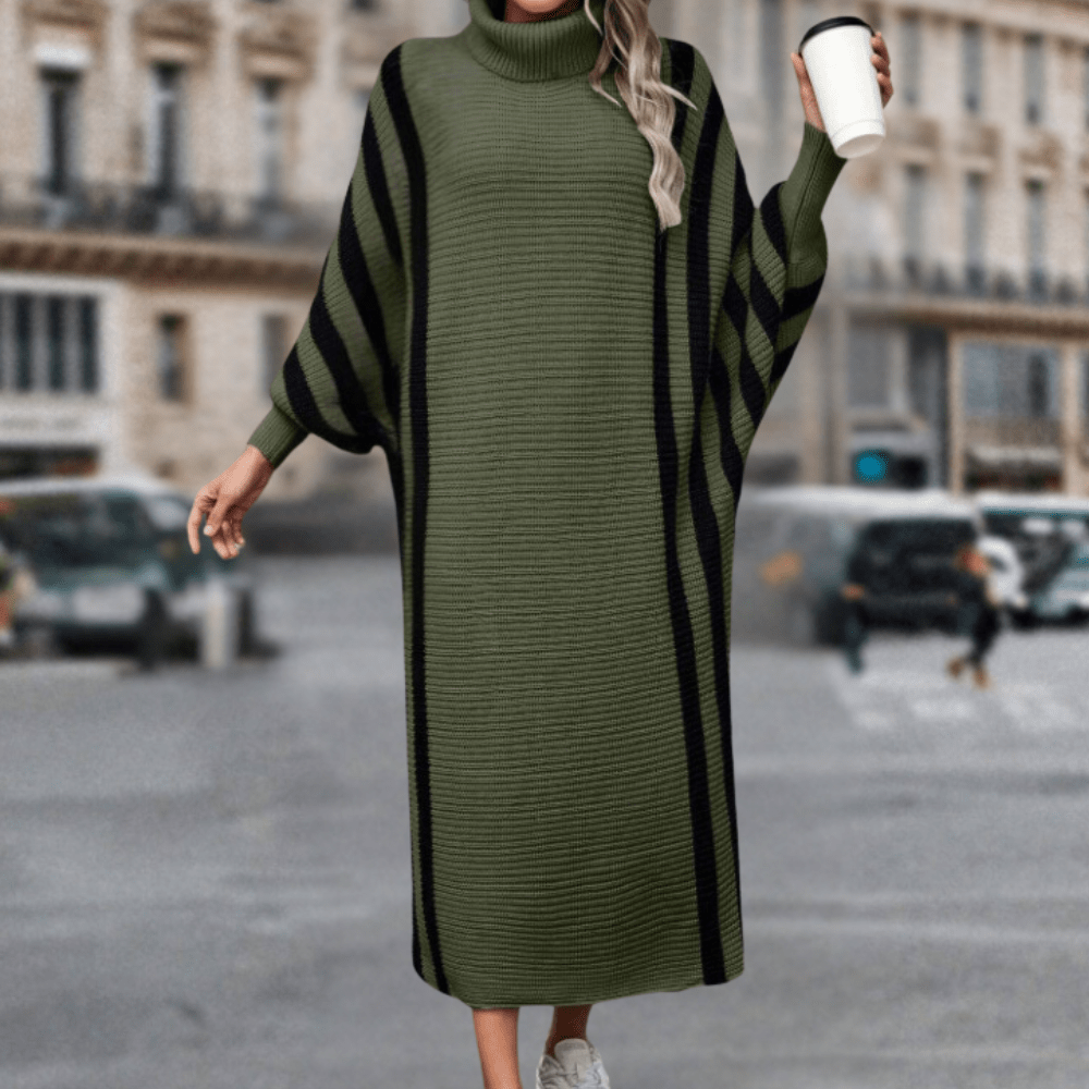Oversized Turtleneck Sweater Dress | Chic Striped Sleeves | Soft Knit Fabric | Casual Comfort