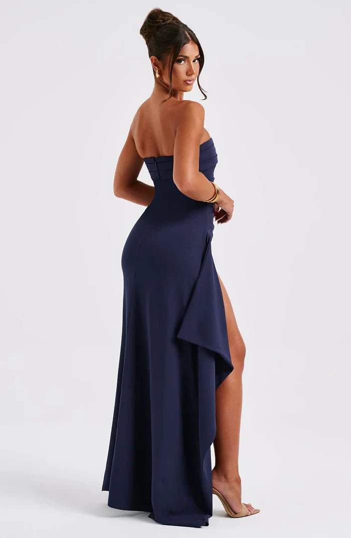 Strapless Evening Gown | Black | Polyester Blend | High Slit