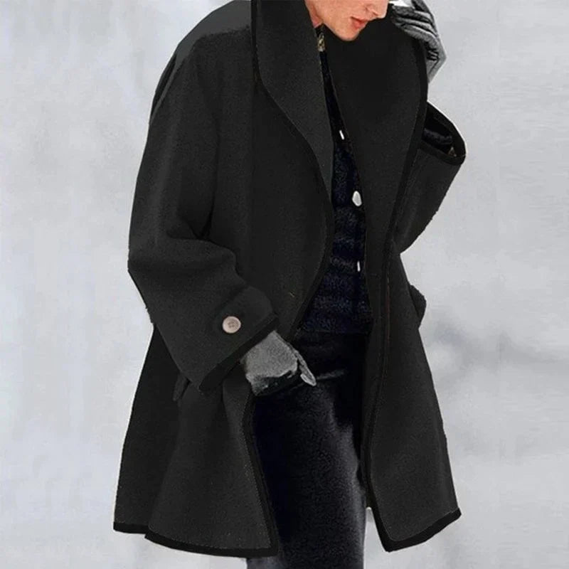 A-Line Contrast Trim Coat | Elegant Minimalist Style | Warm Outerwear | Fall & Winter Essential