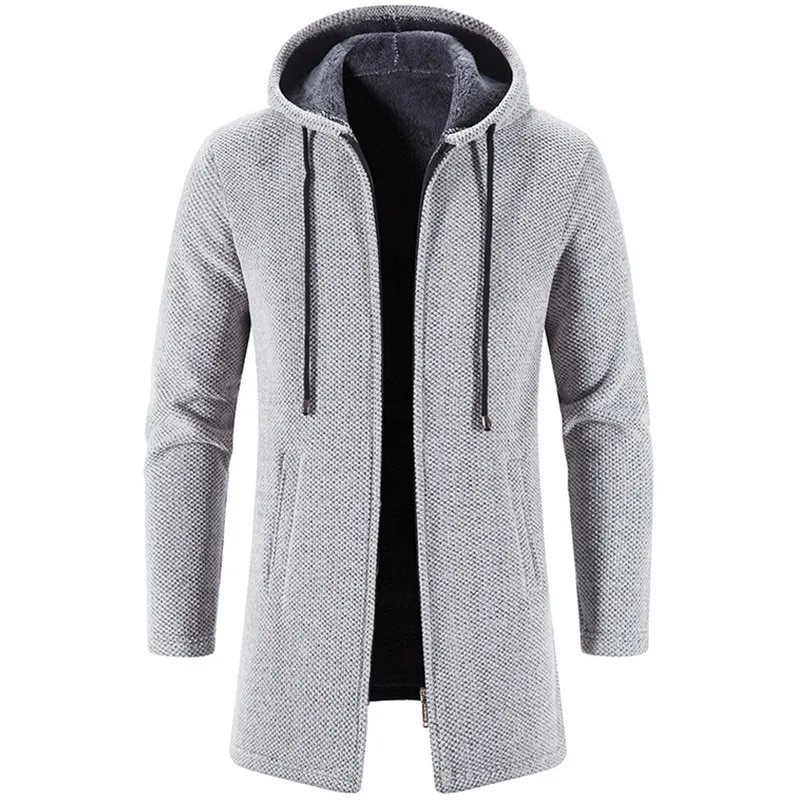 Men’s Longline Hooded Cardigan Jacket | Knit Zip-Up with Drawstring Hood