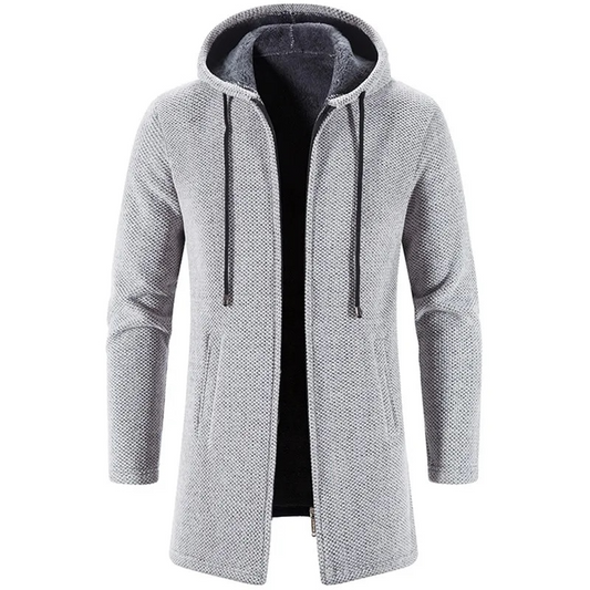 Men’s Longline Hooded Cardigan Jacket | Knit Zip-Up with Drawstring Hood