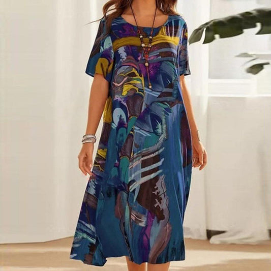 Abstract Print Midi Dress | Loose-Fit Summer Tunic | Lightweight Short Sleeve