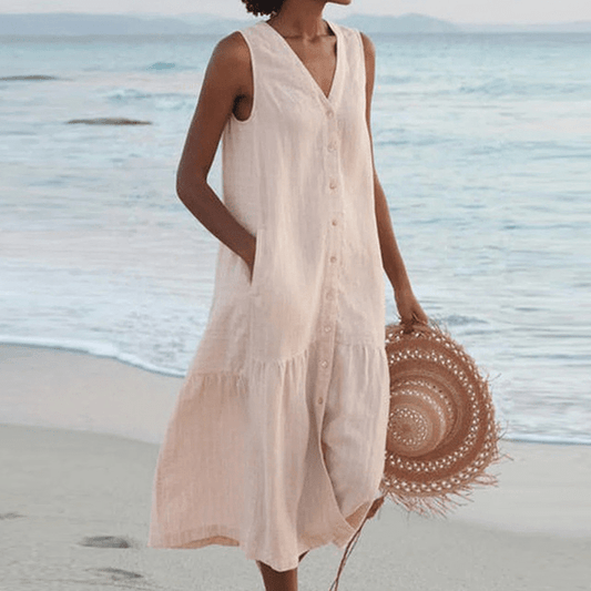 Sleeveless Button-Front Cotton Dress | Tiered Hem | Beach-Ready Relaxed Fit