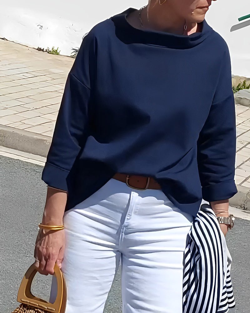 Wide Collar Knit Top | 3/4 Sleeve | Minimalist Silhouette