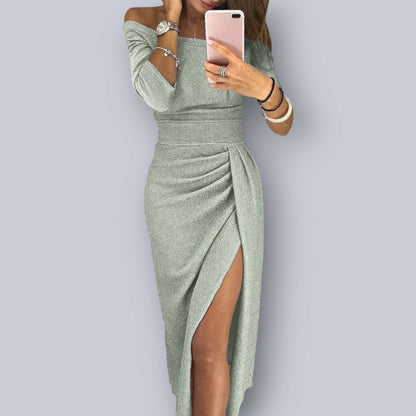 Off-Shoulder Glitter Knit Midi Dress | Draped Front Slit | Bodycon Fit