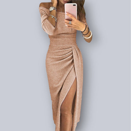 Off-Shoulder Glitter Knit Midi Dress | Draped Front Slit | Bodycon Fit