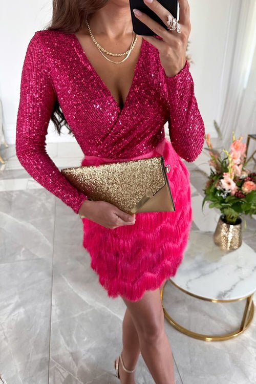 Shimmer V-Neck Party Dress | Long Sleeve | Tiered Skirt Detail