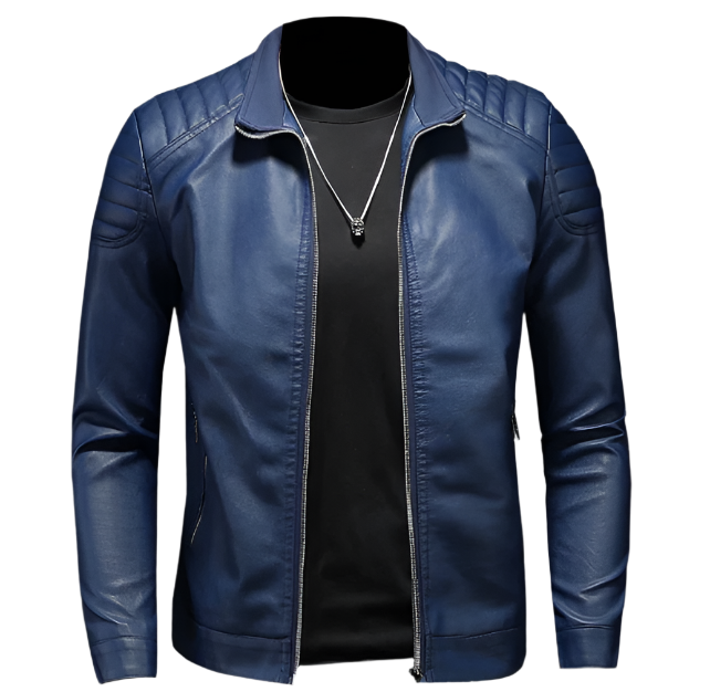 Men’s Slim Fit Moto Jacket | Blue Faux Leather with Zip Detail