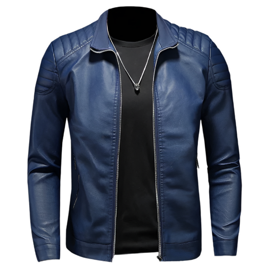 Men’s Slim Fit Moto Jacket | Blue Faux Leather with Zip Detail