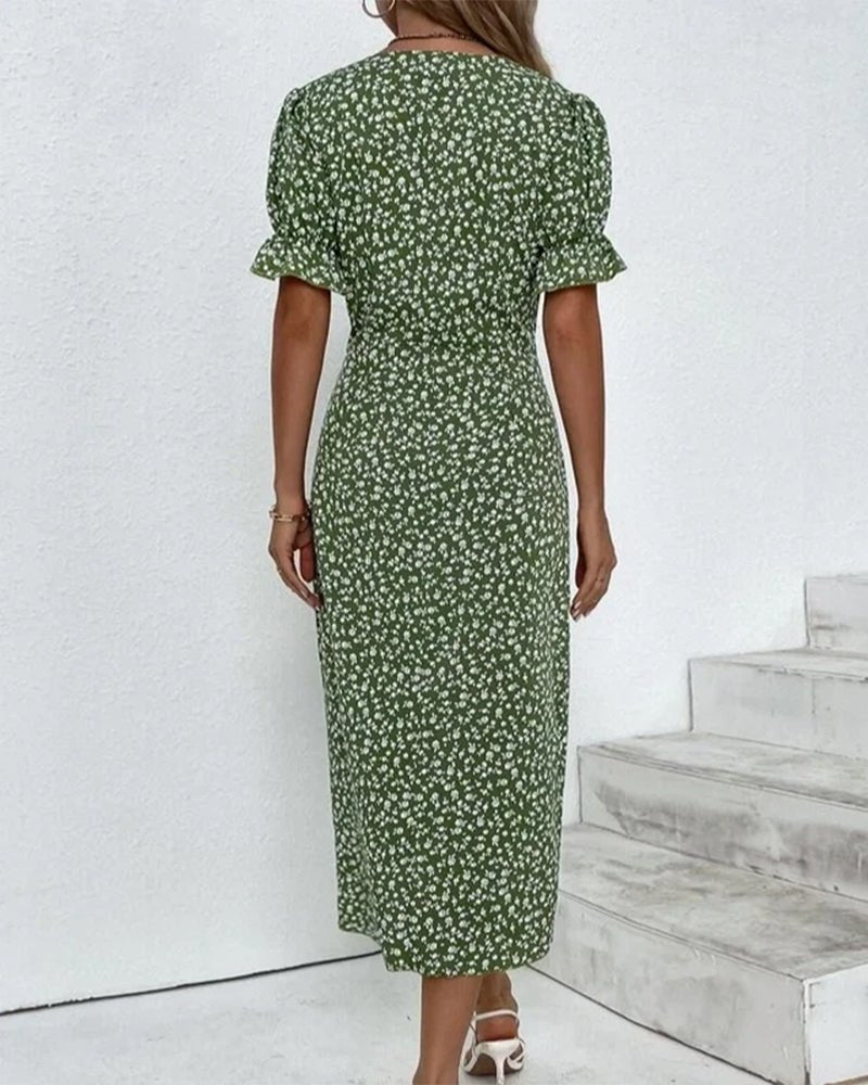Floral Button Midi Dress | V-Neckline | Puff Sleeve Silhouette