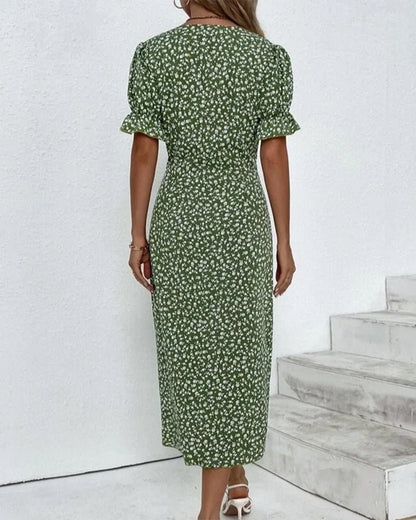 Floral Button Midi Dress | V-Neckline | Puff Sleeve Silhouette