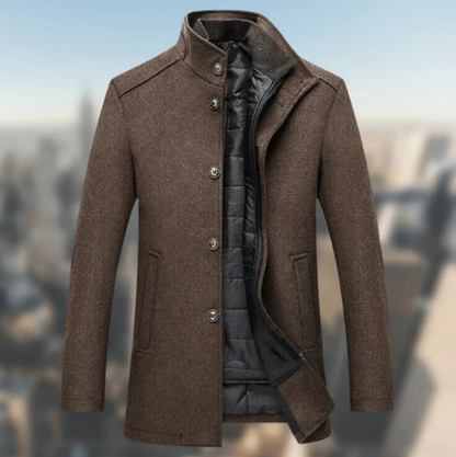 Men's Wool Blend Coat | Stand Collar | Button-Up Mid-Length