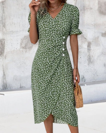 Floral Button Midi Dress | V-Neckline | Puff Sleeve Silhouette