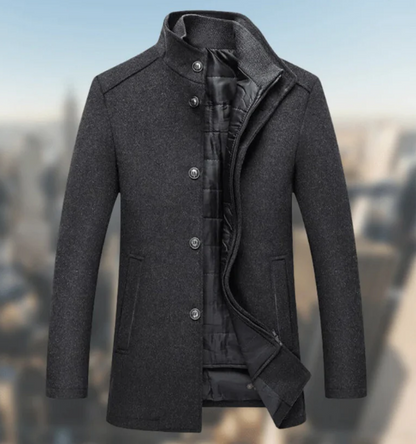 Men's Wool Blend Coat | Stand Collar | Button-Up Mid-Length